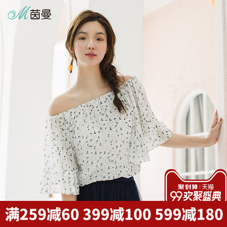 茵曼旗舰店碎花一字领蝙蝠短袖衬衣女装上衣2018夏装新款宽松衬衫商品大图