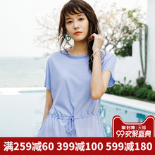 茵曼旗舰店蝙蝠袖短袖T恤2018夏装新款抽绳收腰莫尔代半截袖上衣图片