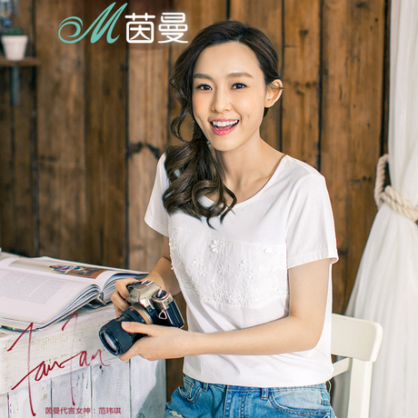 【拍下7折】茵曼2018夏装新款纯棉刺绣白色短袖T恤衫女半截袖上衣商品大图
