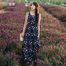 茵曼旗舰店裙子2018夏装新款纯棉印花圆领无袖连衣裙背心裙长裙子图片