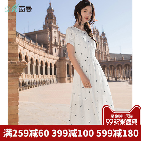 茵曼旗舰店连衣裙2018夏装新款圆领短袖松紧腰印花中长裙女过膝裙商品大图