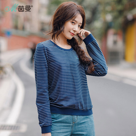 茵曼旗舰店2018秋装新款圆领条纹纯棉针织显瘦无帽套头卫衣女外套商品大图