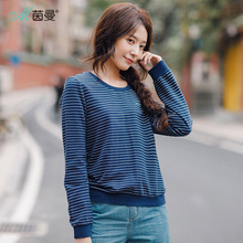 茵曼旗舰店2018秋装新款圆领条纹纯棉针织显瘦无帽套头卫衣女外套图片