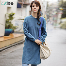 茵曼旗舰店2018秋装新款圆领长袖宽松连衣裙女中长款卫衣裙打底裙图片