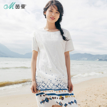茵曼旗舰店2018夏季新款纯棉绣花圆领短袖连衣裙女宽松中长裙茵蔓图片