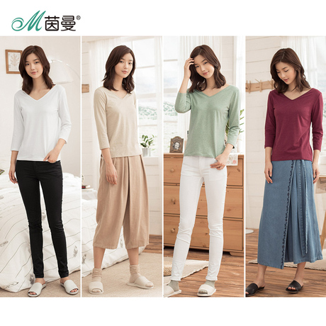 茵曼旗舰店打底衫女长袖t恤2018秋装新款纯色V领上衣棉质小衫体恤商品大图