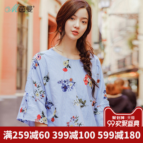 茵曼旗舰店2018夏季新款圆领七分蝙蝠袖宽松百搭印花衬衣女装衬衣商品大图