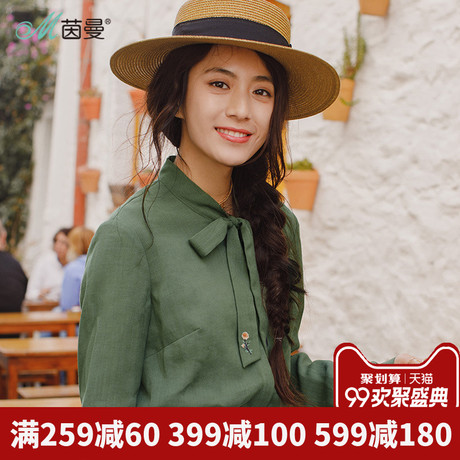 茵曼旗舰店雪纺衬衫女长袖2018秋装新款蝴蝶结系带寸衫上衣女衬衣商品大图