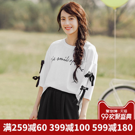 茵曼旗舰店2018夏装新款圆领开叉蝴蝶结中袖宽松印花T恤女上衣潮商品大图