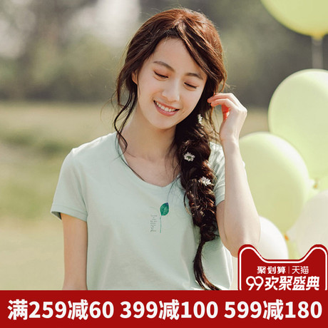 茵曼旗舰店短袖T恤衫2018夏装新款印花显瘦宽松半截袖短上衣体恤商品大图