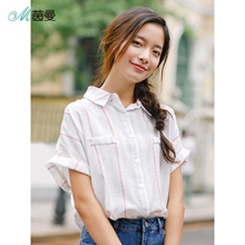 茵曼旗舰店条纹短袖衬衫2018夏装新款宽松百搭衬衣女显瘦上衣寸衫图片