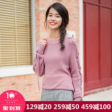 茵曼旗舰店复古圆领绑带针织衫上衣2018秋冬新款套头显瘦系带毛衣图片