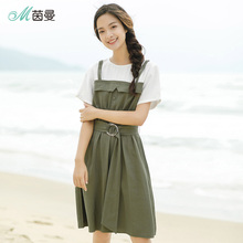 茵曼旗舰店短袖连衣裙2018夏装新款圆领收腰假两件中长裙女连身裙图片