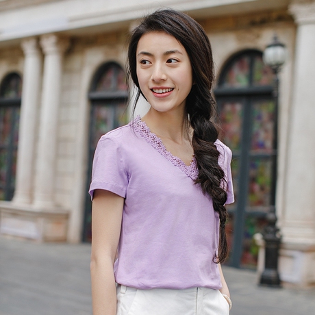 茵曼旗舰店短袖t恤夏装2018新款纯棉花边V领修身显瘦上衣女半截袖商品大图
