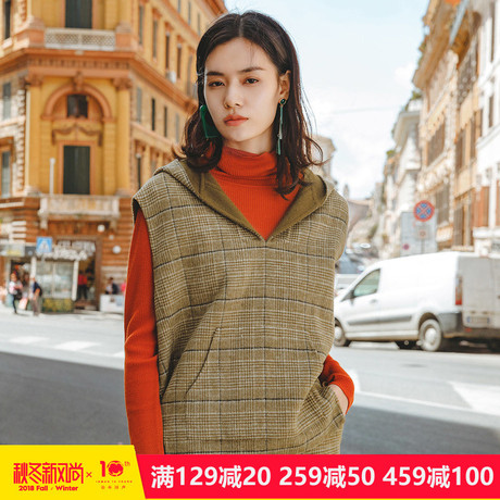 茵曼旗舰店无袖双面呢马甲背心2018秋冬新款连帽V领格纹套头外套商品大图