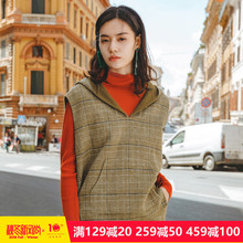 茵曼旗舰店无袖双面呢马甲背心2018秋冬新款连帽V领格纹套头外套图片