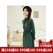 茵曼旗舰店立领荷叶边条纹连衣裙2018秋装新款灯笼袖打底裙中长裙图片