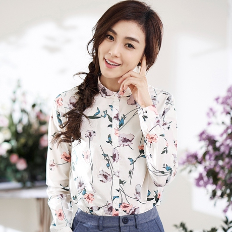 茵曼旗舰店碎花衬衫女装2018秋装新款纯棉印花长袖衬衫女上衣寸衫商品大图
