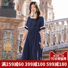 茵曼旗舰店连衣裙2018夏装新款花边方领收腰显瘦中长裙女裙过膝裙图片