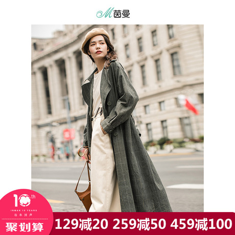 茵曼旗舰店双排扣格子长款风衣2018秋冬新款翻领系带过膝大衣外套商品大图