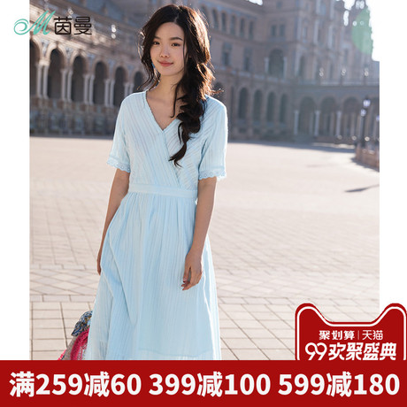茵曼旗舰店V领蝴蝶结绑带连衣裙夏装2018新款纯棉显瘦短袖中长裙商品大图
