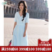 茵曼旗舰店V领蝴蝶结绑带连衣裙夏装2018新款纯棉显瘦短袖中长裙图片