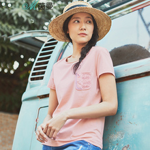 茵曼旗舰店2018夏装新款棉质圆领短袖T恤女修身半袖上衣女体恤衫图片