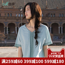 茵曼旗舰店亚麻短袖衬衣宽松衬衫2018夏装新款V领拼接蝙蝠袖上衣图片