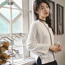 茵曼旗舰店宽松毛衣长袖女装2018秋装新款圆领绣花百搭套头针织衫图片