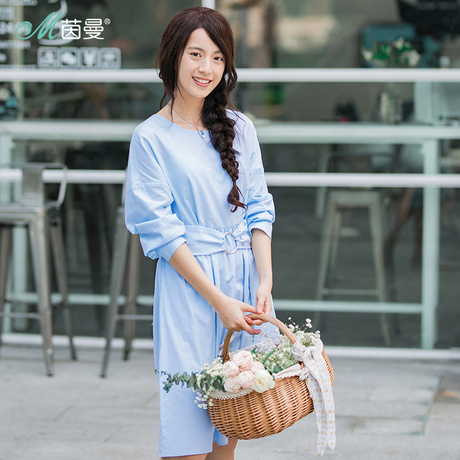茵曼旗舰店连衣裙女装2018夏装新款圆领显瘦长袖打底裙女中长裙子商品大图