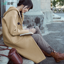 茵曼旗舰店2018秋装新款连帽宽松百搭长款过膝毛呢外套女呢子大衣图片