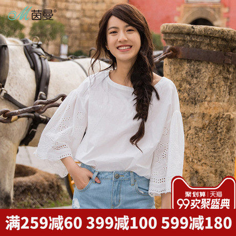 茵曼旗舰店2018夏装全棉圆领甜美镂空花边七分袖宽松衬衣衬衫套头商品大图