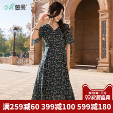 茵曼旗舰店2018夏装V领收腰显瘦短袖复古黑色小碎花连衣裙中长裙图片