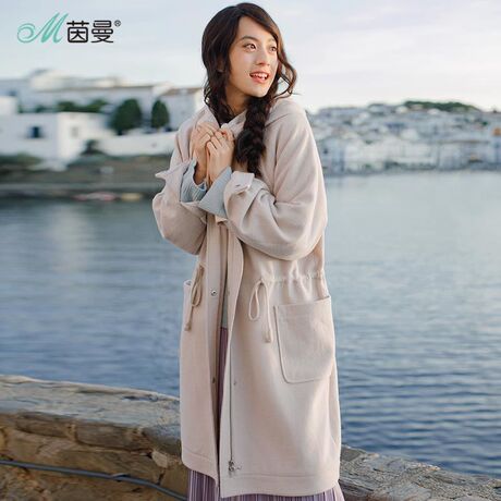 茵曼旗舰店2018春装新款纯色抽绳显瘦羊毛毛呢中长款宽松外套大衣商品大图