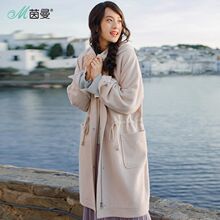 茵曼旗舰店2018春装新款纯色抽绳显瘦羊毛毛呢中长款宽松外套大衣图片