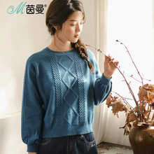 茵曼旗舰店毛衣女装2018秋装新款圆领灯笼袖宽松套头打底衫针织衫图片