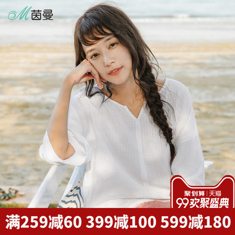 茵曼旗舰店棉麻衬衫2018夏装新款纯色V领宽松百搭七分袖衬衣衬衫商品大图