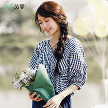 茵曼旗舰店格子衬衫2018秋装新款V领七分袖荷叶边套头衬衣女上衣图片