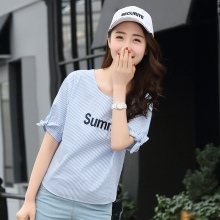 西子小荷条纹t恤女2018夏季新款韩版宽松百搭学生短袖圆领上衣女图片