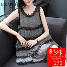 妮娜飘2018夏季新品女欧美拼接蕾丝桑蚕丝背心显瘦a字真丝连衣裙