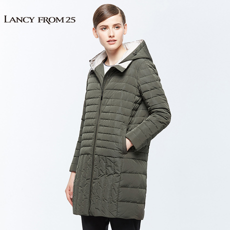 LANCY朗姿冬季女装新款时尚宽松连帽拉链羽绒服韩版休闲外套商品大图