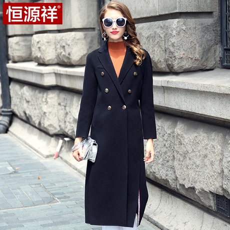 恒源祥双排扣呢子外套女中长款长袖纯色英伦气质大衣女商品大图