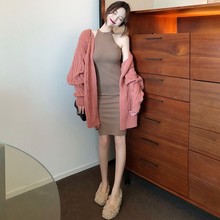 2018秋冬季新款 毛衣开衫 挂脖针织裙两件套女套装 宽松麻花蝙蝠袖