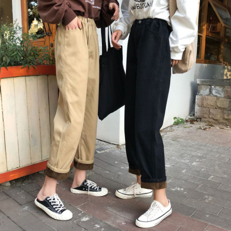 尚品奴加绒加厚秋冬松紧腰设计宽松直筒复古工装哈伦休闲裤长款女商品大图