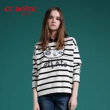 Et Boite/法文箱子秋季新款猫咪卡通条纹针织连帽毛衣女E182D002图片
