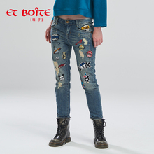 Et Boite/法文箱子女士长裤个性街头贴标破洞牛仔裤女 E6A181图片