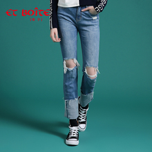 Et Boite/法文箱子秋季新品膝盖破洞裤脚翻折直筒牛仔裤女E9A179图片