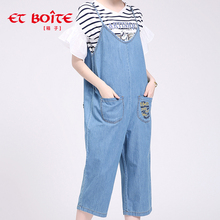 Et Boite/法文箱子新品宽松背带口袋牛仔连身裤五分裤女E6A220图片