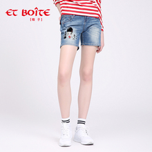 Et Boite/法文箱子夏季新品牛仔磨白可爱娃娃图案短裤女 E7A141图片
