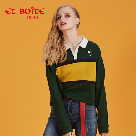Et Boite/法文箱子秋季新品纯棉拼色V领长袖针织上衣女E182C209商品大图